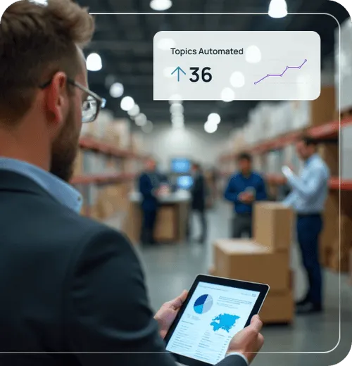 Man in glasses holding a tablet displaying charts in a warehouse with blurred workers and packages in the background and an overlay showing 'Topics Automated 36' with an upward trend graph.
