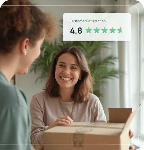 Smiling woman handing a cardboard package to another person with a customer satisfaction rating of 4.8 stars shown.