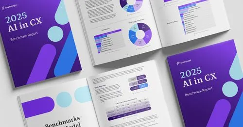 Open and closed copies of the 2025 AI in CX Benchmark Report by Forethought featuring charts, graphs, and data tables.