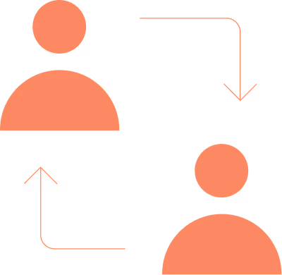 Two stylized human icons with arrows forming a cycle indicating interaction or exchange.