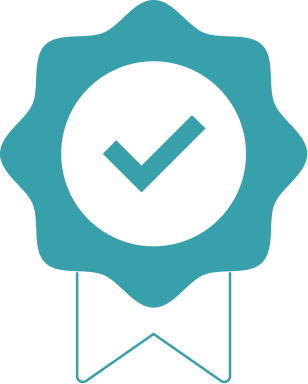 Blue badge icon with a checkmark in the center symbolizing quality or verification.