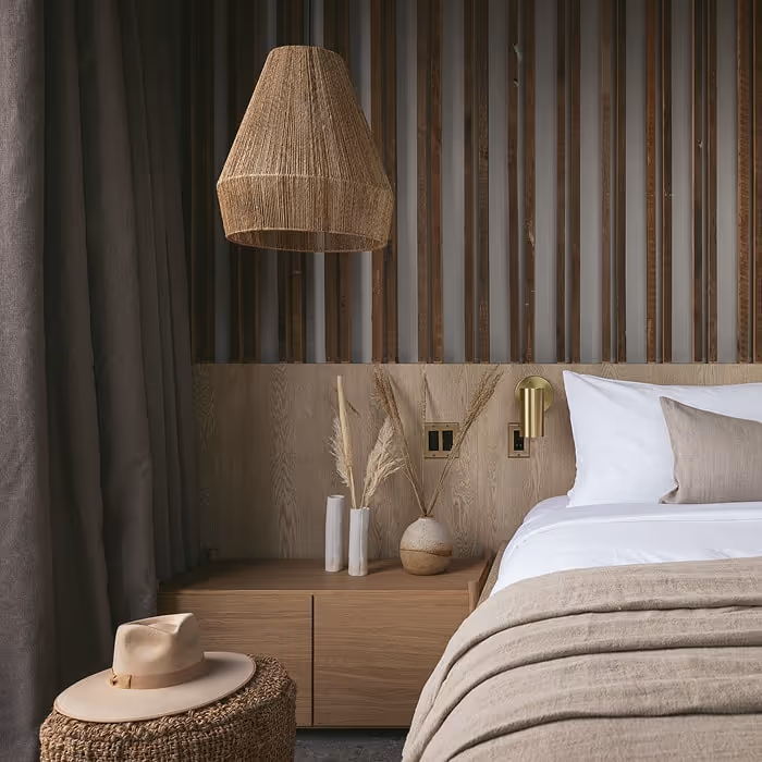 Stylish bedroom with neutral tones, featuring a woven pendant light, wooden headboard, beige bedding, and decorative vases with dried grasses on a bedside table.