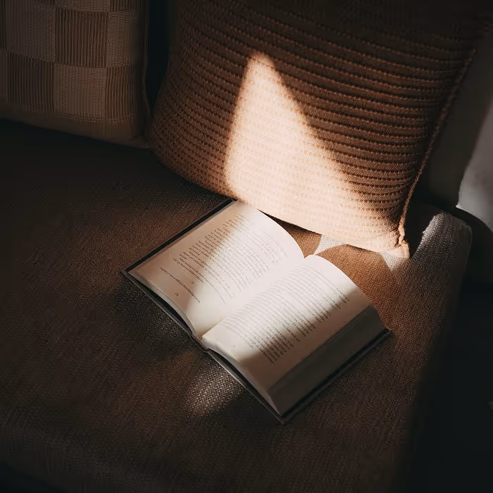 An open book rests on a cushioned seat, bathed in warm sunlight streaming through a nearby window, with textured pillows adding a cozy, inviting feel.
