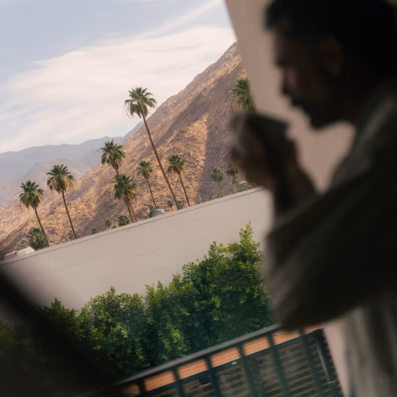 Blurry silhouette of a man holding a cup in the foreground with palm trees and desert mountains in sharp focus outside.