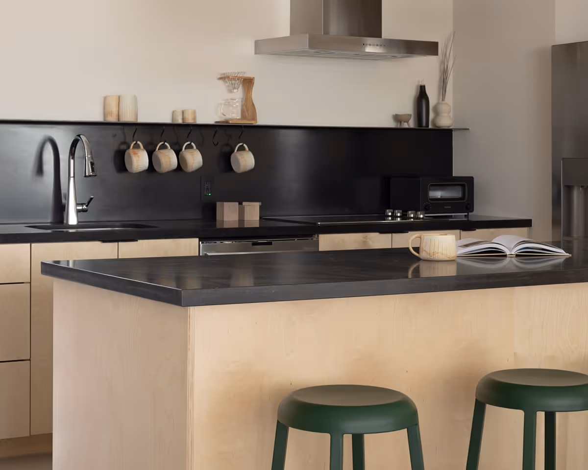 Contemporary kitchen with black countertops, light wood cabinetry, hanging ceramic mugs, and stainless steel appliances.