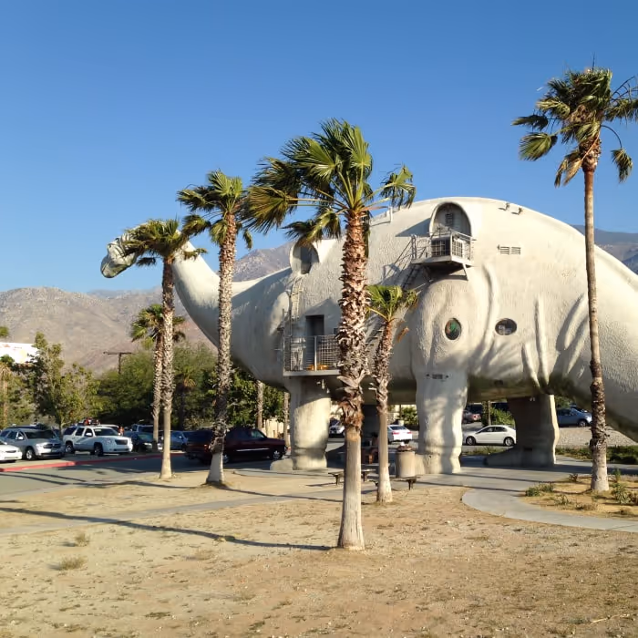 Cabazon Dinosaurs giant apatosaurus roadside attraction near Palm Springs, California.
