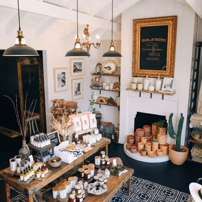 Thick as Thieves boutique interior with candles, pottery, plants, and vintage decor.