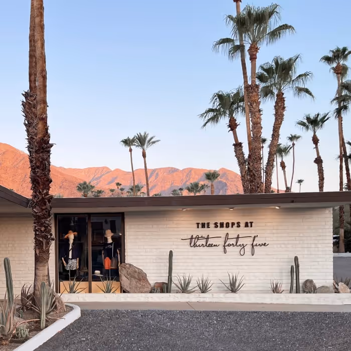 The Shops at Thirteen Forty Five midcentury storefront with palm trees and mountain backdrop.