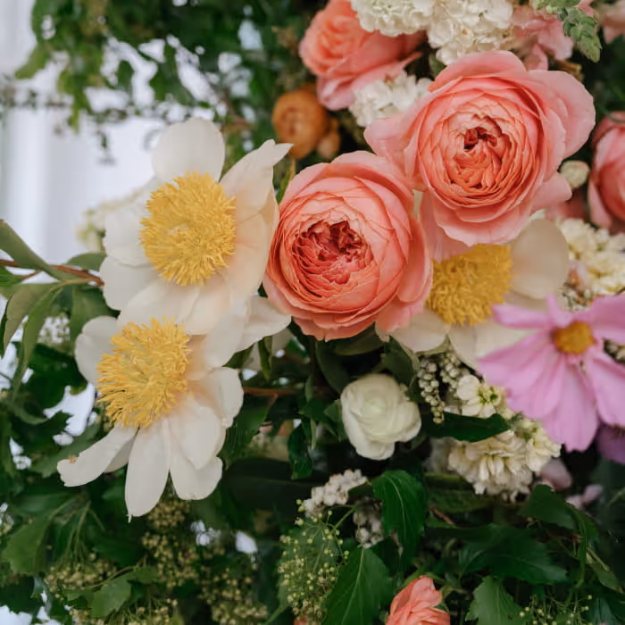 Romantic wedding floral arrangement featuring pink garden roses, white peonies with yellow centers, and lush greenery