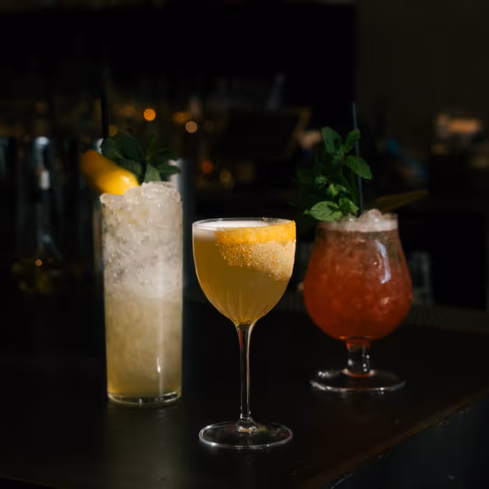 Three artisan cocktails on dark bar counter featuring crushed ice, fresh mint garnishes, and citrus in elegant glassware