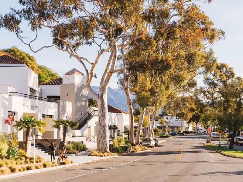 Village Properties Realtors building in Spanish Colonial style with eucalyptus trees lining a sunny California street with