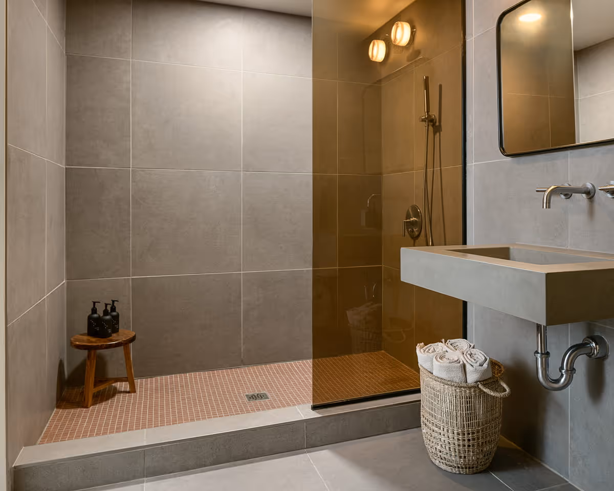 Contemporary hotel bathroom featuring a walk-in shower with gray tile walls, pink mosaic floor tiles, and a floating