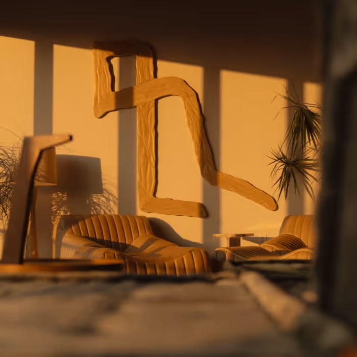 Modern living room at golden hour with sculptural wooden wall art, ribbed lounge chairs, and tropical plants casting soft