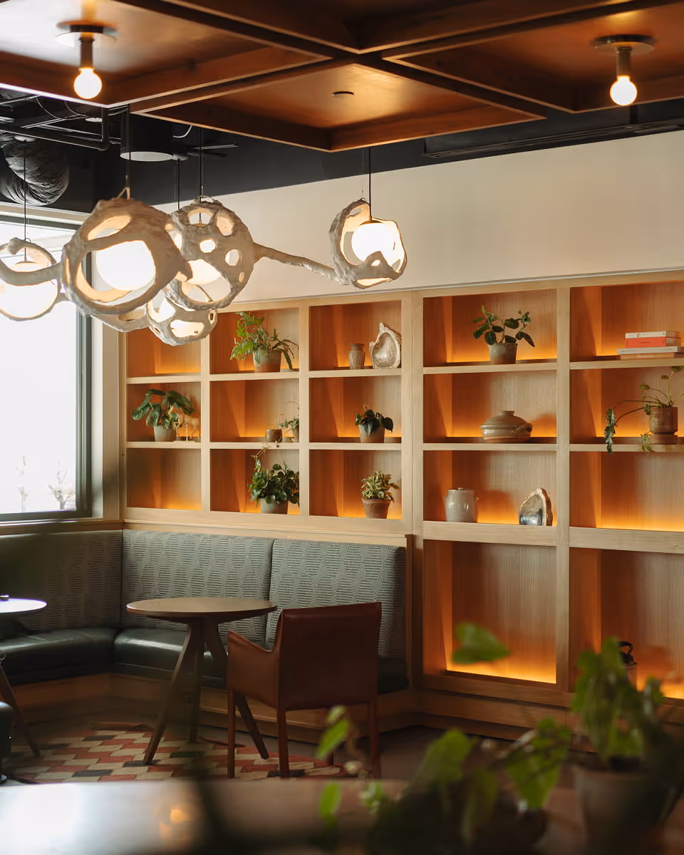 Cozy cafe seating nook with backlit wooden shelves displaying plants and ceramics, sculptural pendant lights,