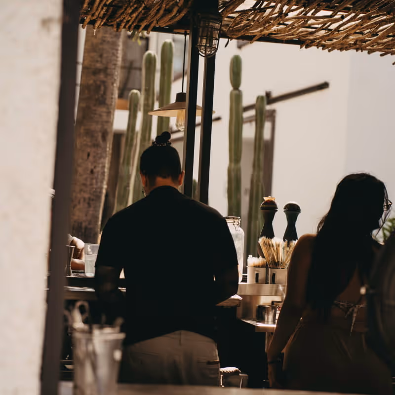 Couple seated at an outdoor bar beneath a thatched palapa roof with tall cacti in the warm afternoon sunlight