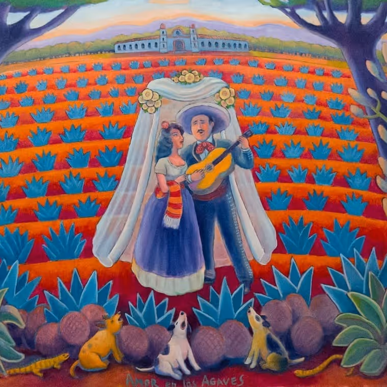 Colorful Mexican folk painting of a couple under a veil in blue agave fields, titled "Amor en los Agaves