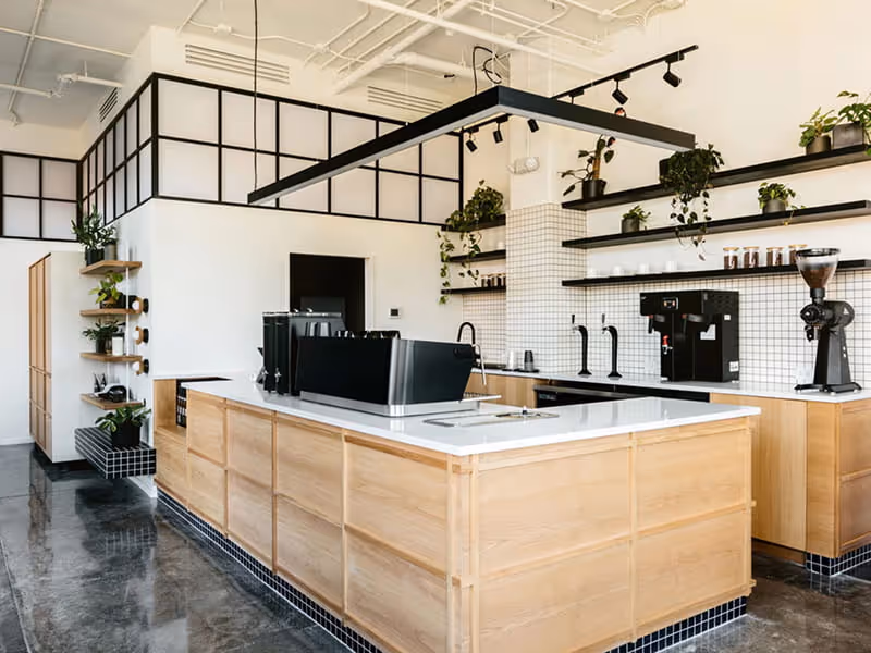 Modern minimalist coffee shop with light wood counter, espresso machines, black steel accents, and hanging green plants