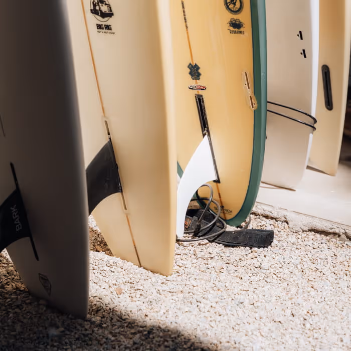Several surfboards standing upright on a gravel surface, including a Bark Big Rig and a Goodtimes board with visible fins