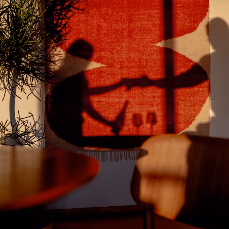 Abstract red and black woven textile wall hanging with fringe, displayed beside a potted plant in warm afternoon light.