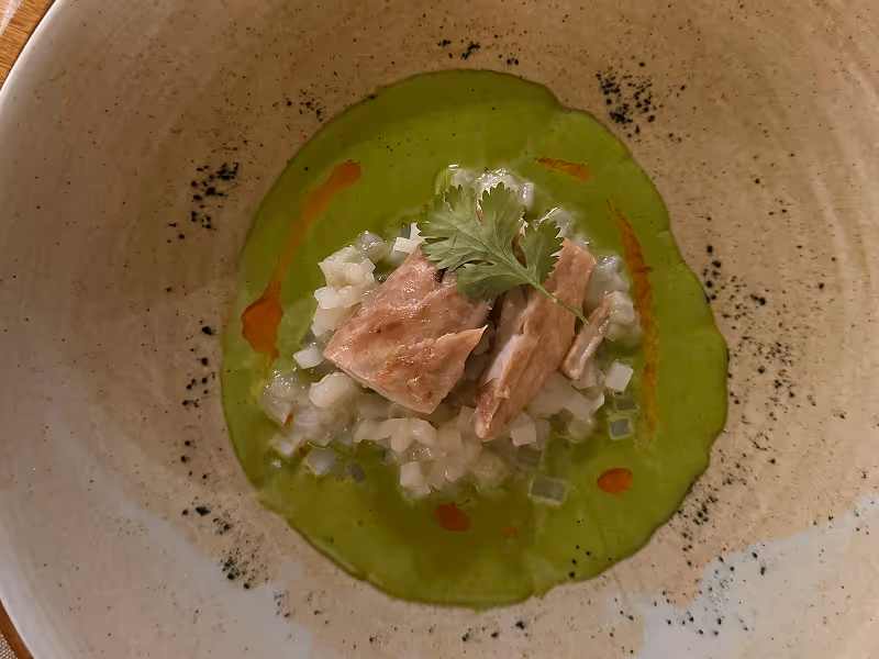 Elegant tasting menu course on a white plate with green sauce at Phortal Restaurante
