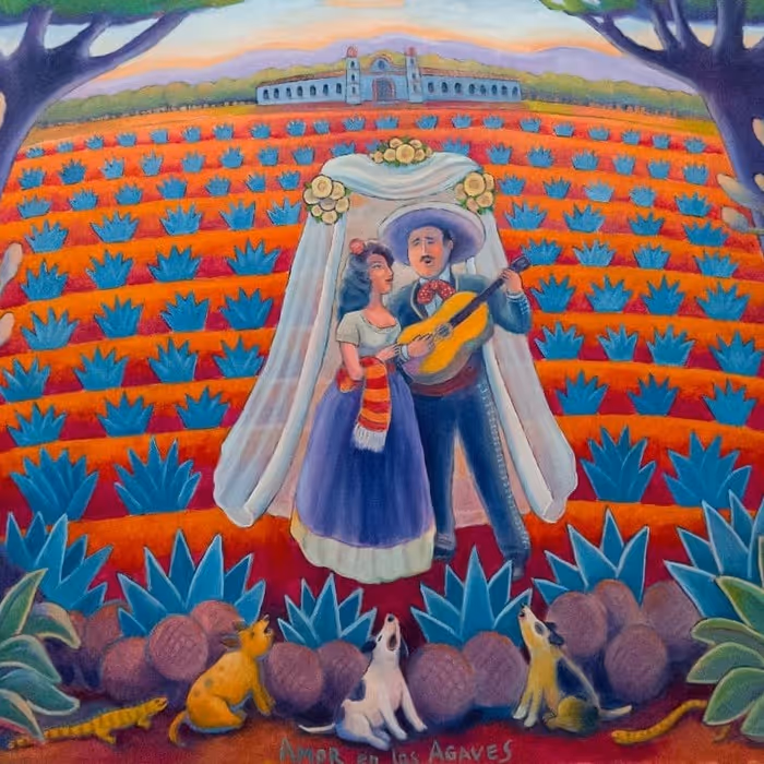 Colorful Mexican folk art painting titled "Amor en los Agaves" showing a couple under a veil surrounded by blue agave fields