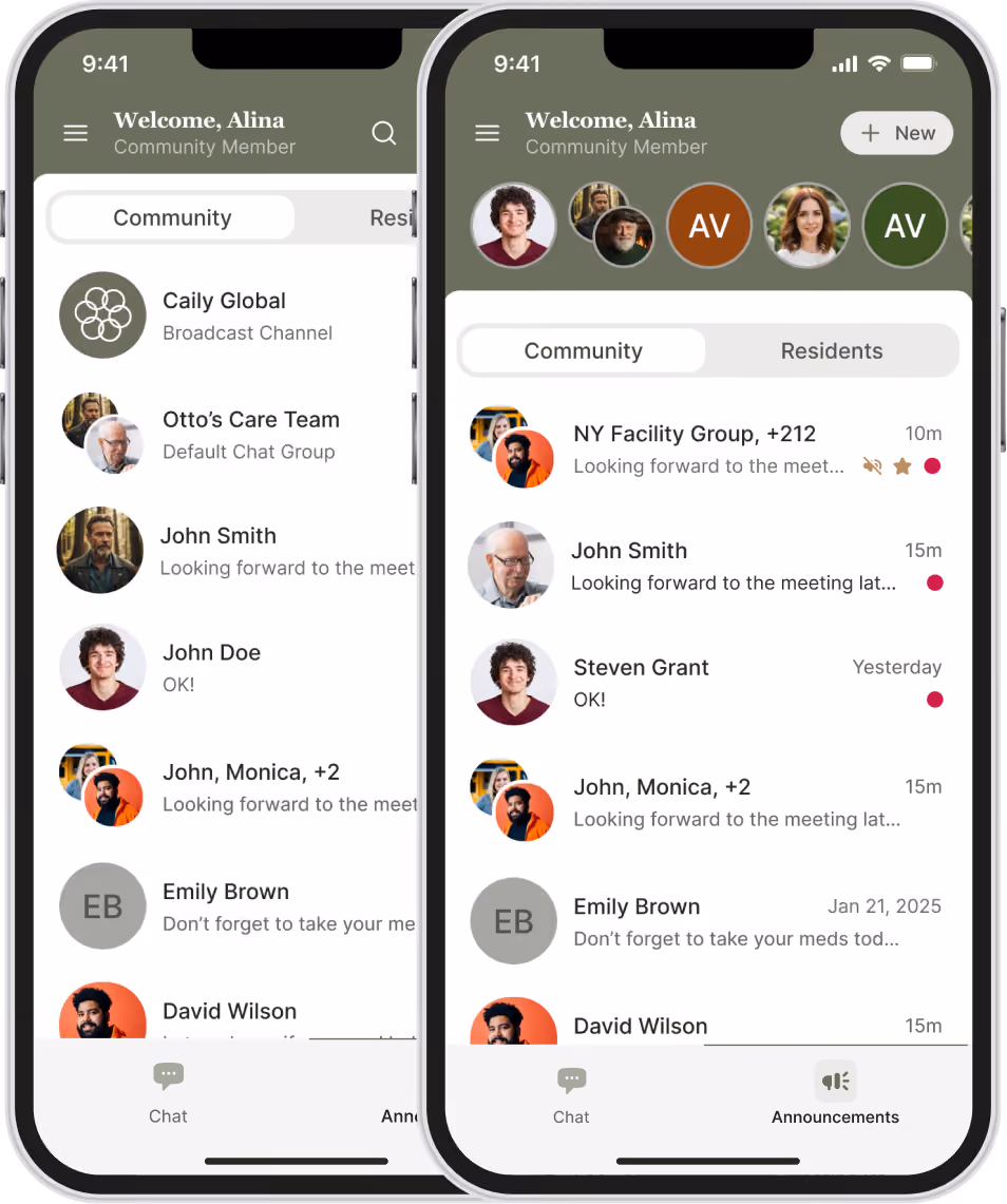 Two smartphones display a community chat app titled 'Welcome, Alina Community Member' with tabs for Community and Residents, showing a list of chat groups and individual conversations including Caily Global, Otto's Care Team, John Smith, John Doe, John, Monica, +2, Emily Brown, and David Wilson with recent message previews and timestamps.