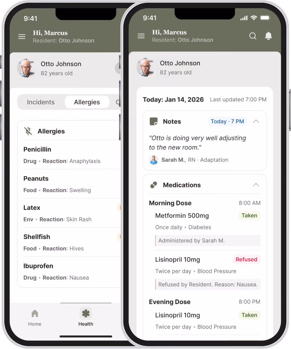 Two smartphone screens showing a health app for an 82-year-old resident, Otto Johnson. The left screen displays allergies including Penicillin, Peanuts, Latex, Shellfish, and Ibuprofen, with associated reactions like anaphylaxis, swelling, skin rash, hives, and nausea. The right screen shows notes stating Otto is adjusting well to a new room, medication details including morning and evening doses of Metformin 500mg taken at 8 AM and Lisinopril 10mg refused or taken at times indicated, with reasons and administration info.