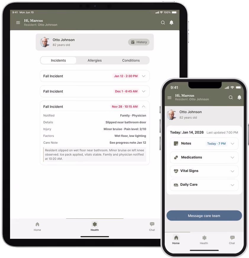 Tablet and smartphone showing a health management app for Otto Johnson, 82 years old. The tablet displays a history of fall incidents with dates, injury details, and care notes. The smartphone shows today's date, Jan 14, 2026, with sections for notes, medications, vital signs, daily care, and a button to message the care team.