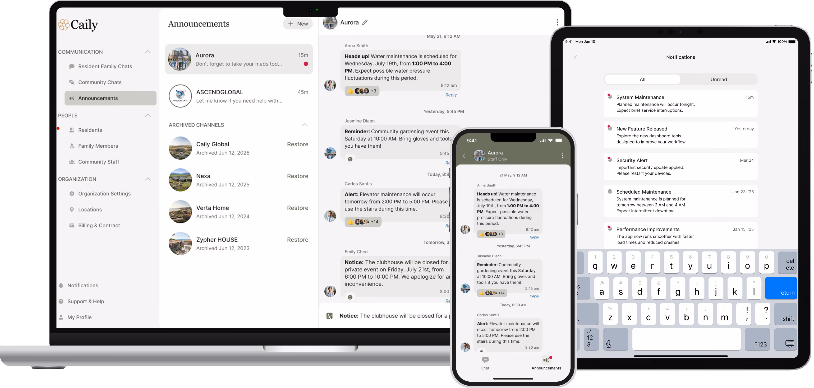Digital communication app interface displayed on a laptop, tablet, and smartphone showing announcements, notifications, and chats in a clean, organized layout with a sidebar menu listing sections like Communication, People, and Organization.