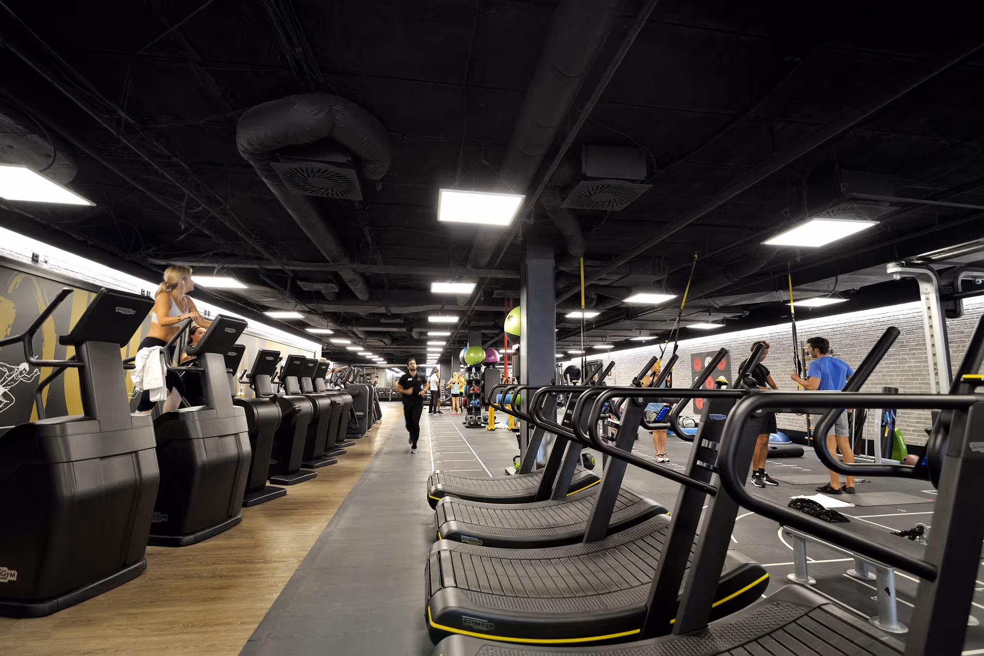 Männer und Frauen üben auf modernen Laufbandgeräten in einem Holmes Place Fitnessstudio in Wien.