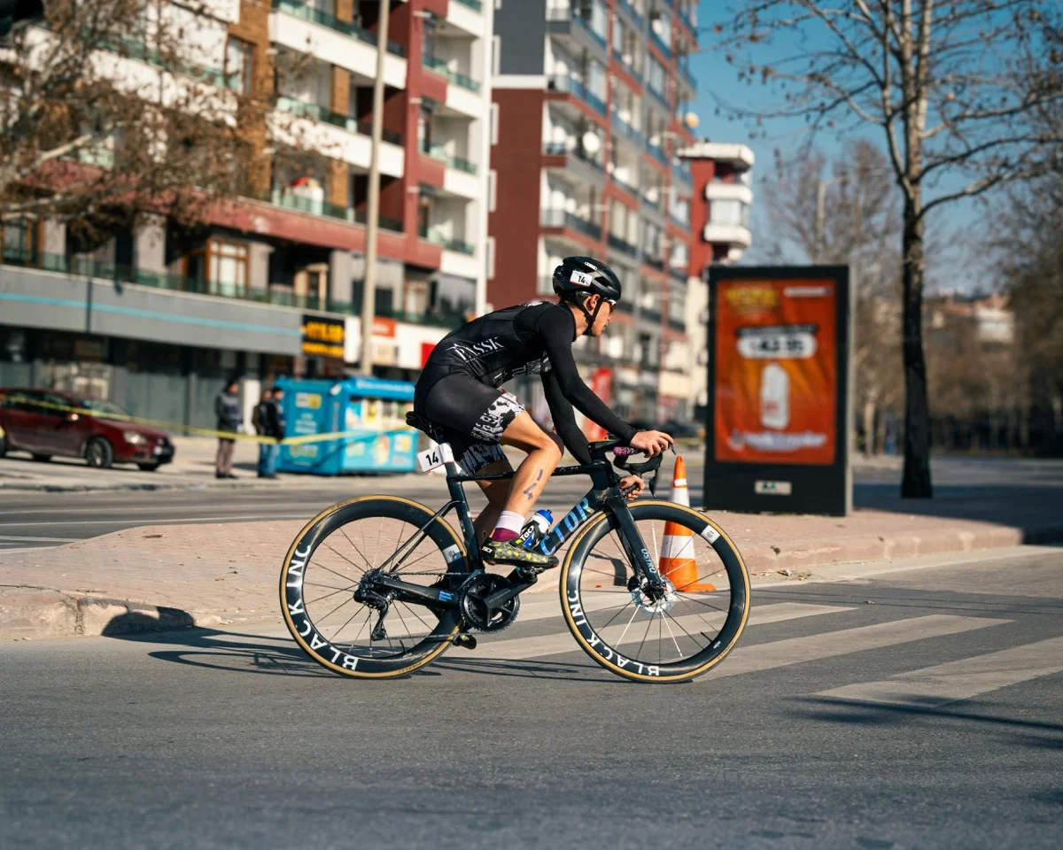 Rennradfahrer beim Umfahren einer Kurve. Hintergrundbild des Auswahltabs des Vo2max-Rechners für das Rennradfahren.