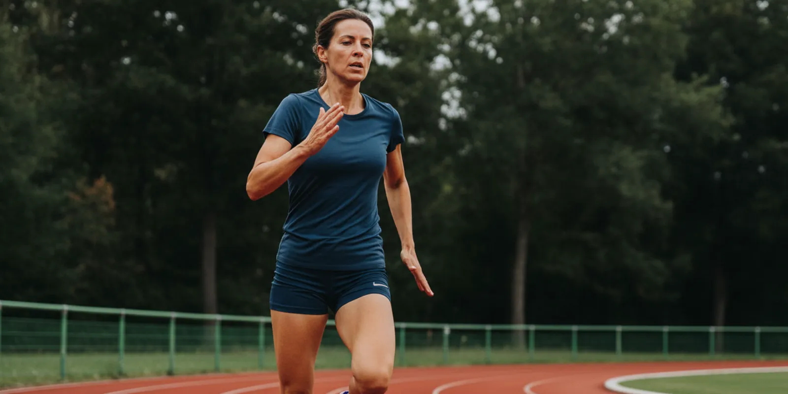 Läuferin in blauem Trikot beim Lauftraining auf einer Tartanbahn.