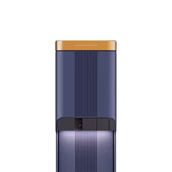 Purificateur d'eau intelligent bleu et or avec un design vertical élégant