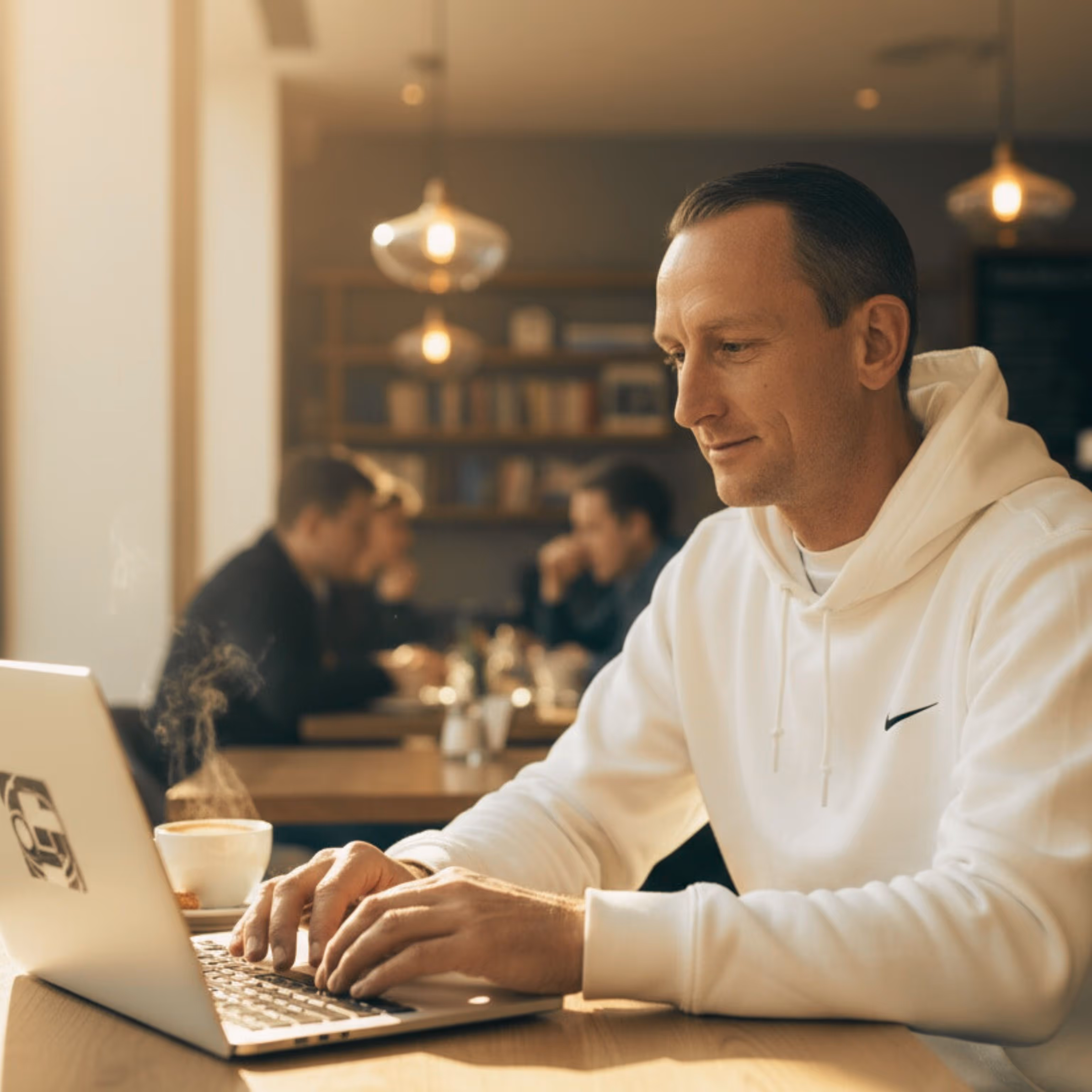 Dennis Rehm von Unendlich Frei vor dem Laptop, zufrieden am arbeiten für seine Kunden.