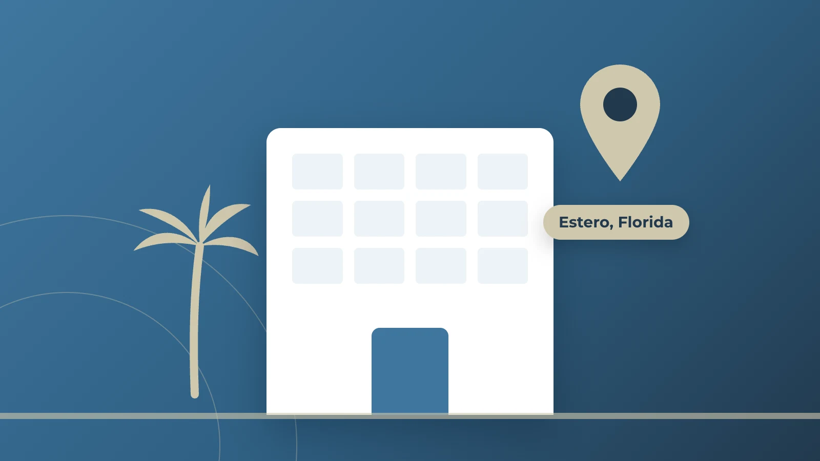 Grafik: Bürogebäude mit Palme und Standort-Markierung Estero, Florida.
