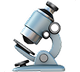 Blue and silver microscope icon facing left with detailed knobs and lenses