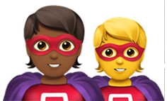 Two cartoon superheroes with masks, capes, and smiling faces.