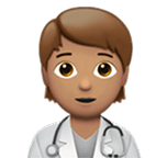 Doctor emoji with brown hair, wearing a white coat and stethoscope, smiling with wide eyes.