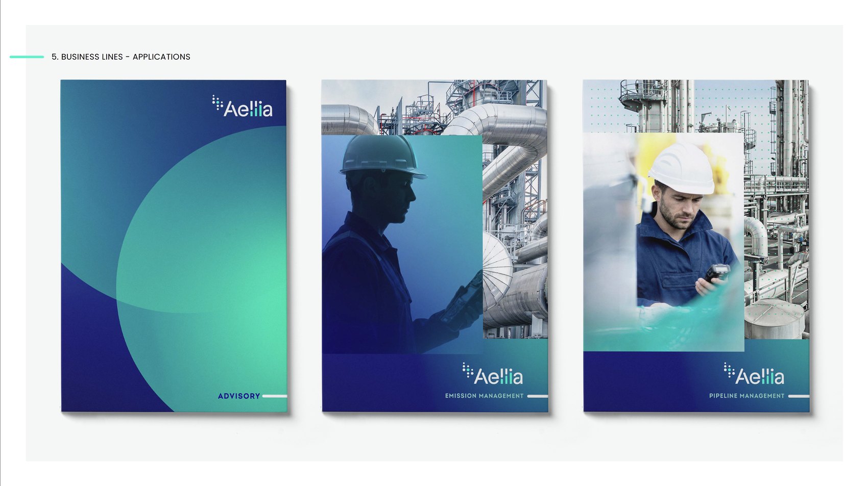 Aellia applications: brochures for Advisory, Emission Management and Pipeline Management