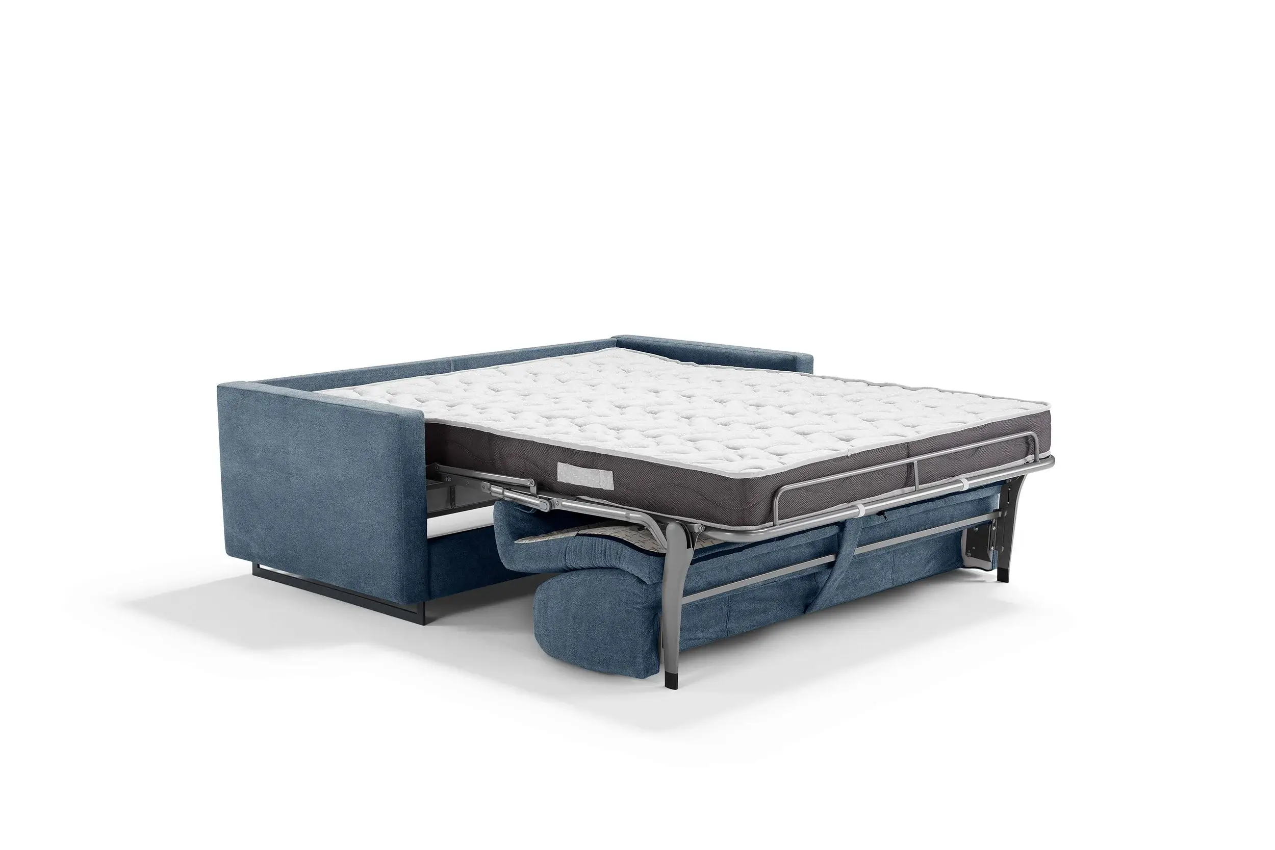 Blue fabric sofa bed unfolded with visible metal frame and white quilted mattress.