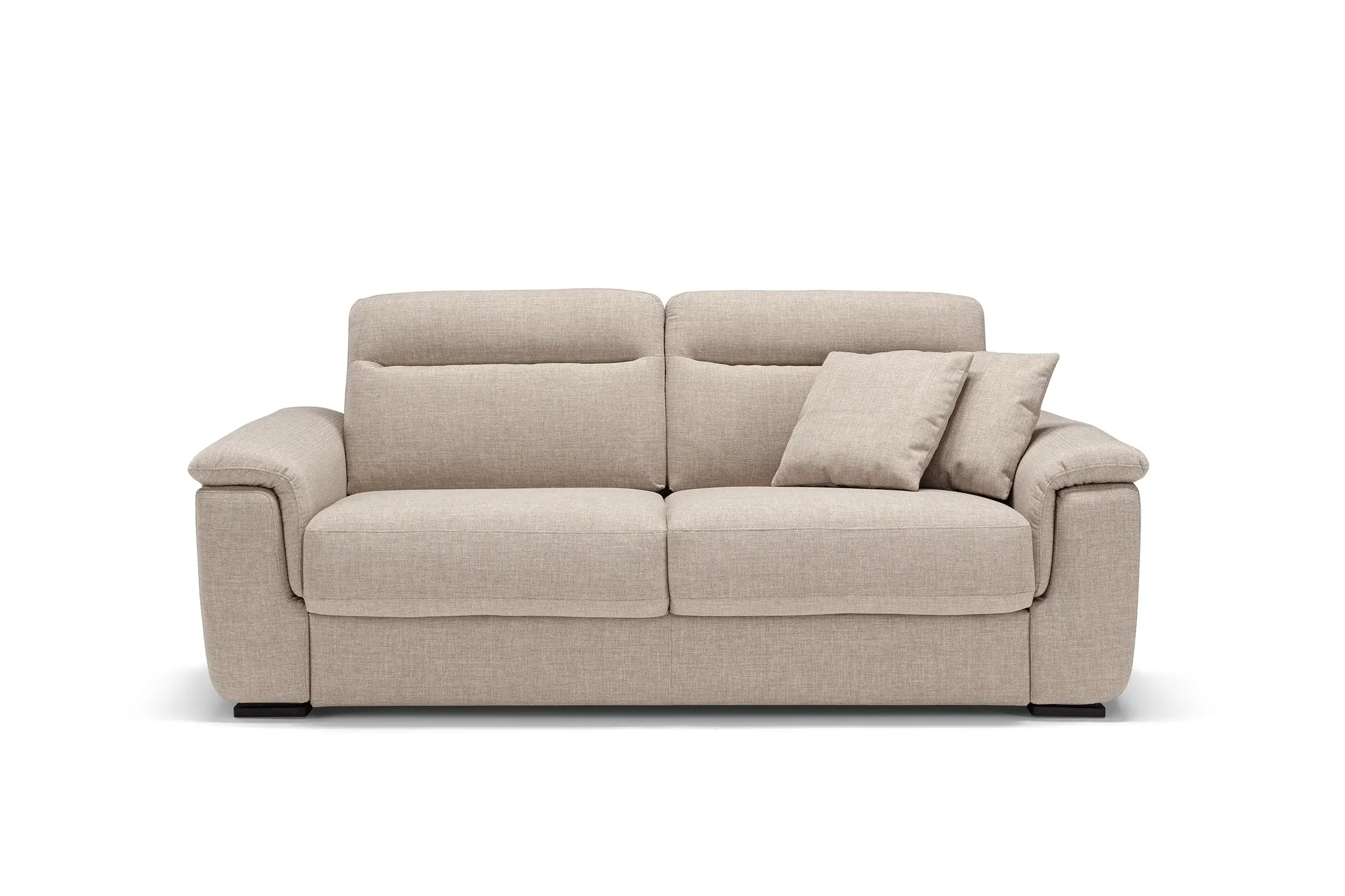 Beige fabric two-seater sofa with two matching square cushions on the right side and wide armrests on both ends.