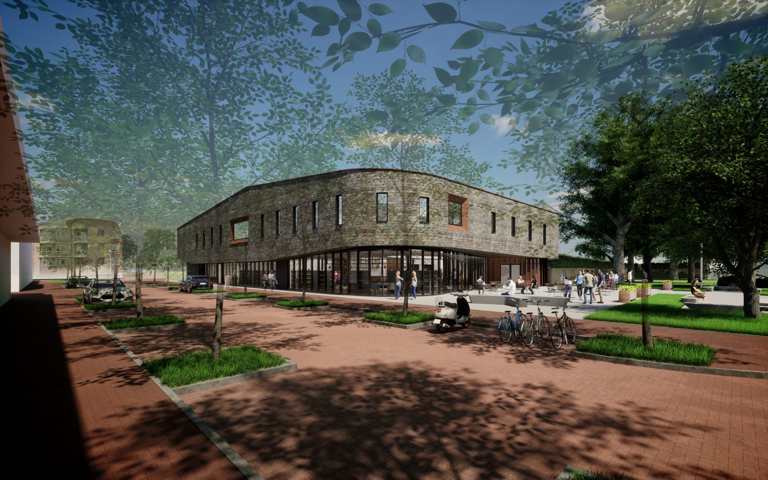Modern gebouw met plein en bomen