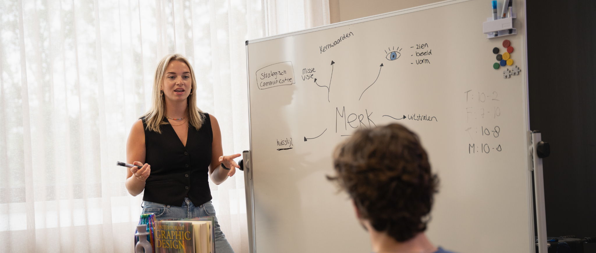 Vrouw geeft presentatie over merk op whiteboard.
