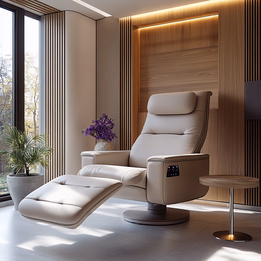 A big comfortable luxury recliner in a white patient room for ketamine therapy.
