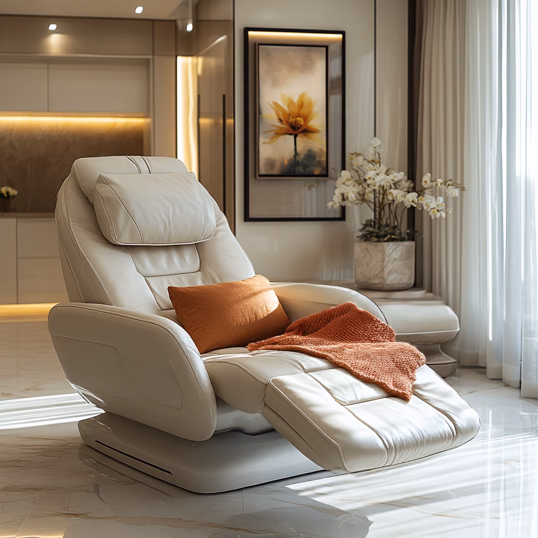 A ketamine therapy patient room featuring a comfortable luxury recliner. 