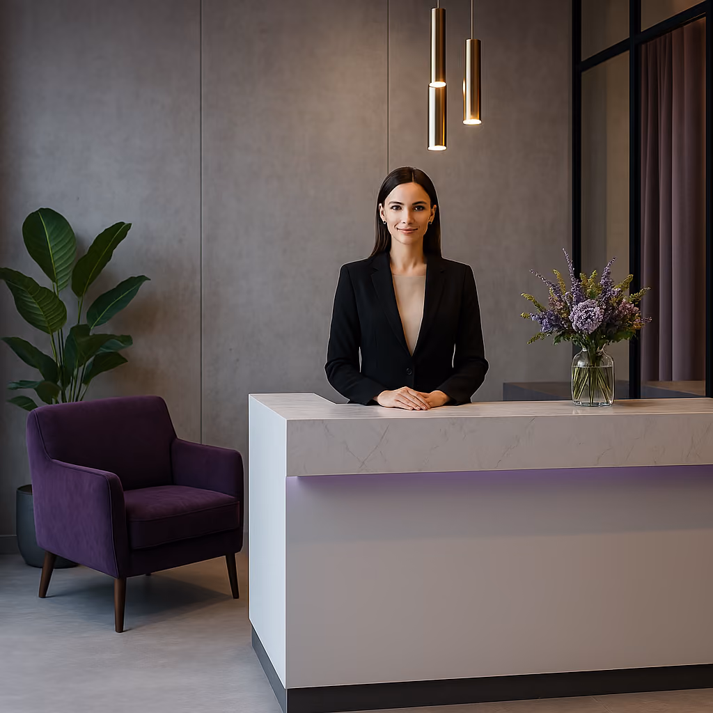 Smiling receptionist in a black blazer standing behind a modern white reception desk with a vase of purple flowers.