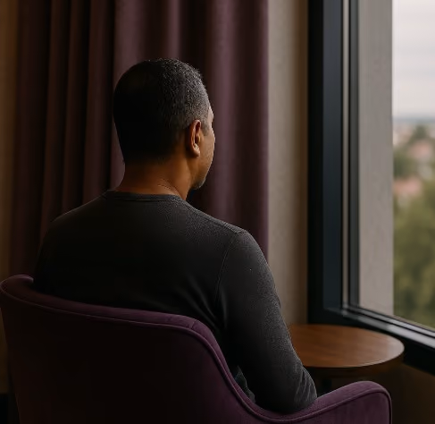 Man with short hair sitting on a purple chair, looking out a window beside a small round wooden table.