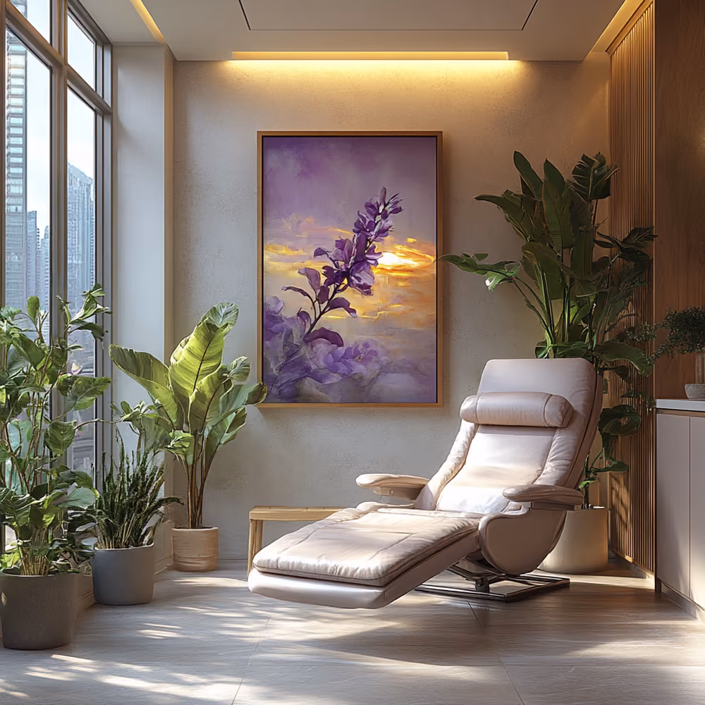 A ketamine therapy patient room with luscious plants and comfortable luxury recliner.