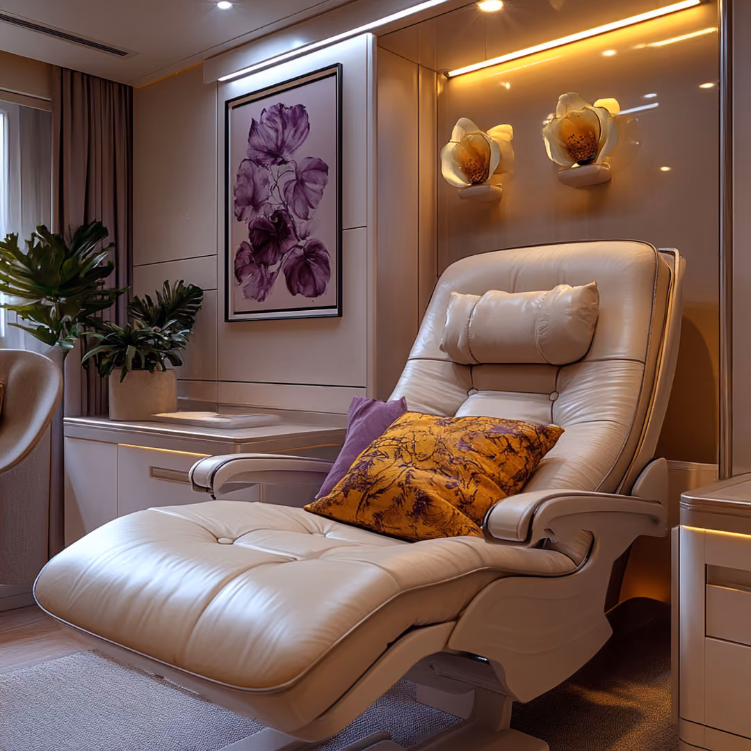 A stunning luxury ketamine therapy patient room with a comfortable recliner and pillows. 