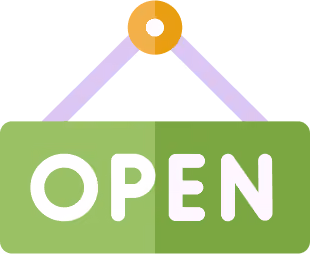 Green hanging sign with the word OPEN in white letters.